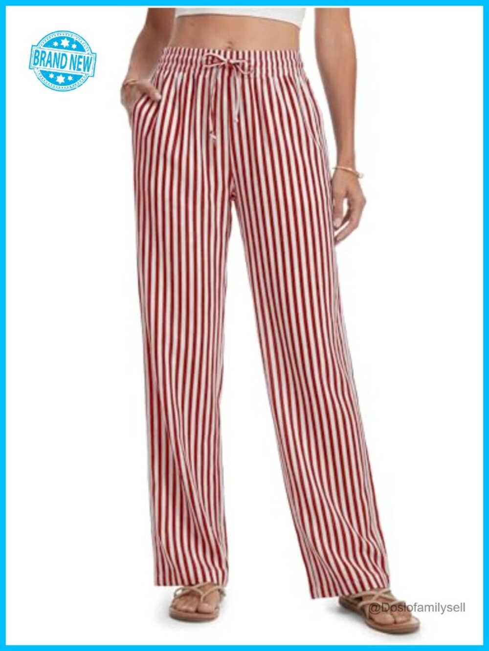 Tall Women's Striped Linen Wide Leg Pants Elastic Waist Casual Summer Trousers